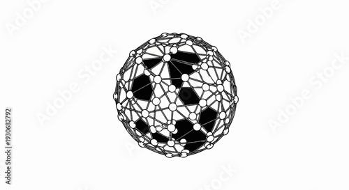 Wireframe sphere with nodes and black geometric shapes, abstract