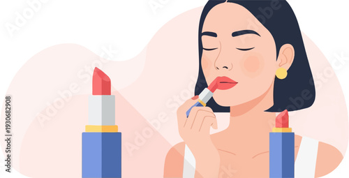 Woman applying red lipstick with two tubes in foreground and background