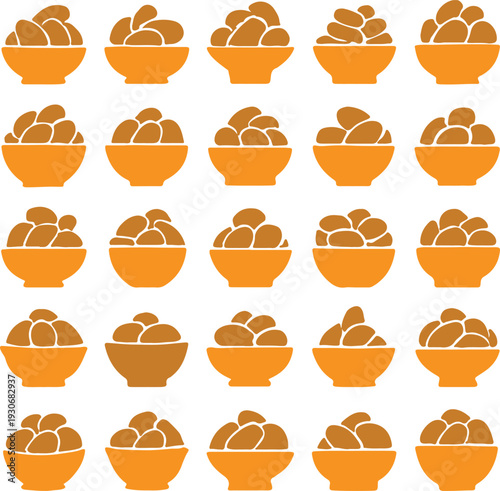 Vintage brown vector food icons set featuring a seamless pattern with coffee cups, tea mugs, and espresso cakes for cafe and kitchen restaurant design