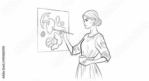 Woman artist painting an abstract piece on a canvas with brush and paint