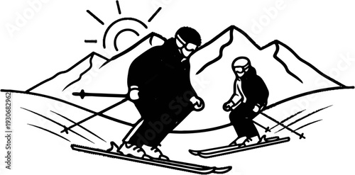 Two skiers descend snowy mountains under a bright sun