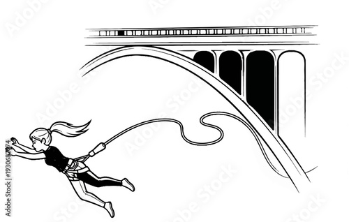 Woman bungee jumping from an arch bridge over a void
