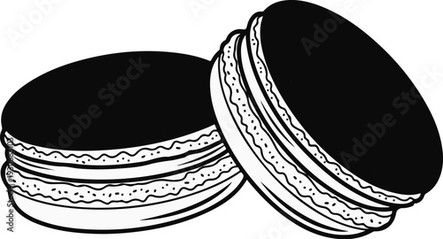 Two dark layered circular cookies with creamy filling, depicted in black and white