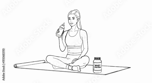 Woman in activewear drinks from bottle on mat near protein supplement