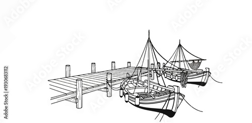Two small sailboats tied to a wooden pier with nets
