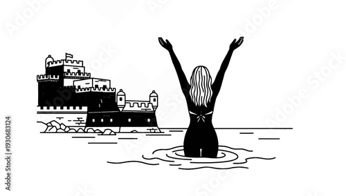Woman in bikini raising arms in water near fortress