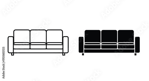 Two sofa outlines one linear and one solid in black and white silhouette