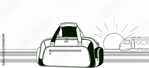 Travel bag and train at sunrise