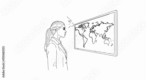 Woman in business attire gazes thoughtfully at a world map on the wall