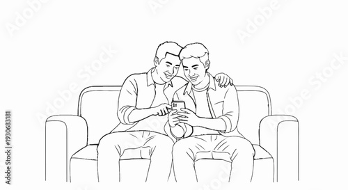 Two smiling friends share a phone on a couch