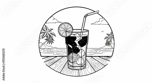 Tropical drink with ice, lemon, and straw on a wooden deck by the ocean