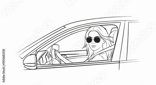 Woman in sunglasses driving a car, sketched illustration