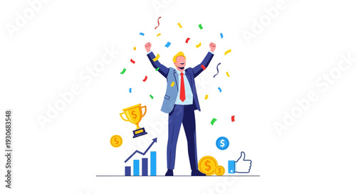 Successful businessman celebrates achievement, feeling victorious with arms raised amidst falling confetti and financial symbols, representing growth and triumph