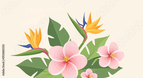 Tropical floral arrangement with bird of paradise and plumeria blooms