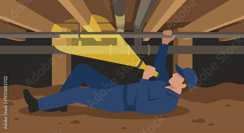 An HVAC technician lying on their back on dirt in a dark, tight crawlspace under a house. They are working on hanging pipes with a flashlight; the light beam is a solid yellow cone of color.