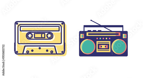 Retro cassette tape and boombox illustration in a flat style silhouette