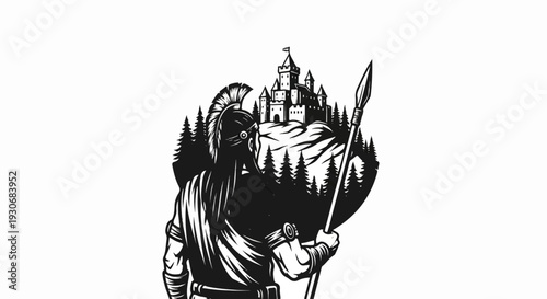 Warrior with spear faces forested hill topped by ancient castle