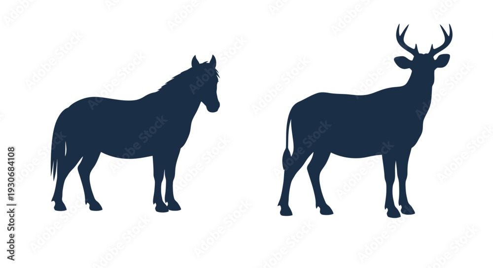 Obraz premium Horse and deer stand side by side in dark outline silhouette