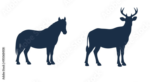 Horse and deer stand side by side in dark outline silhouette