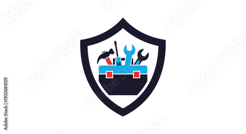 Mechanic Tools in a Toolbox on a Shield Icon, symbolizing trusted repair service and protection on an isolated white background.