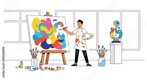 An artist in a studio painting a vibrant abstract artwork on a large canvas with colorful brushes and paints scattered around on a busy day.