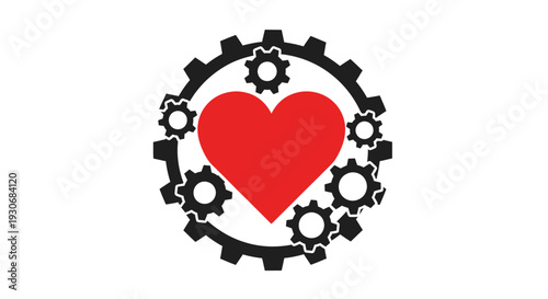 Red Heart Symbol Enclosed by Cogwheels and Gears, representing passionate mechanical care and engineering on an isolated white background.