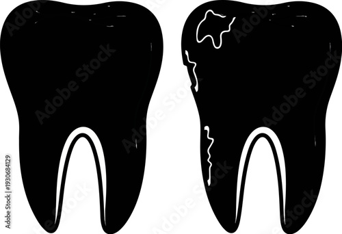 Two black teeth icons, one healthy, one decayed, against white