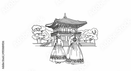 Two women in traditional Korean attire stand before a pavilion with trees