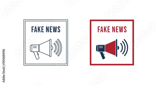 Two framed signs displaying a megaphone a warning about fake news silhouette