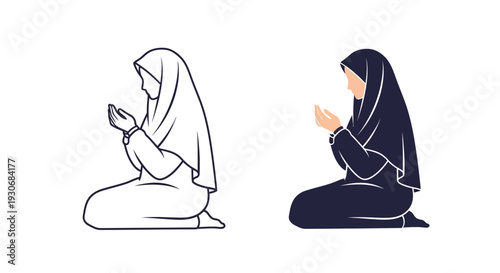 Two kneeling muslim women in prayer a striking black silhouette