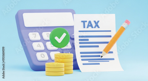 Tax calculation concept featuring a purple calculator, stacked golden coins, a green checkmark icon, a tax document, and a pencil
