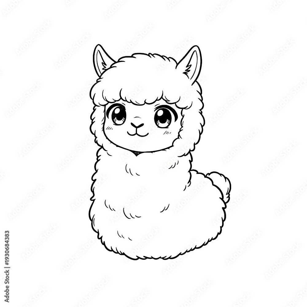 Fototapeta premium Hand drawn ink sketch of Kawaii Anime Alpaca isolated on white. Chibi farm stamp.