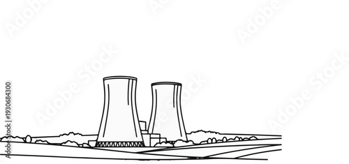 Two large, conical cooling towers rise from industrial structures