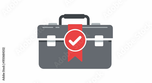 Tool Box with Checkmark and Red Banner Icon for Verified Quality Service and Maintenance, isolated white background
