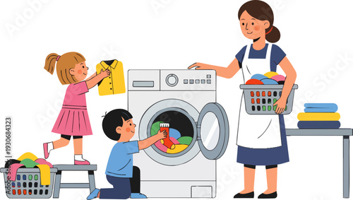 Family doing laundry together teaching children about chores and responsibility