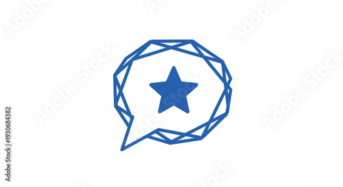 Blue faceted speech bubble with a star inside, symbolizing premium feedback, important messages, or top-rated communication, on an isolated white background.