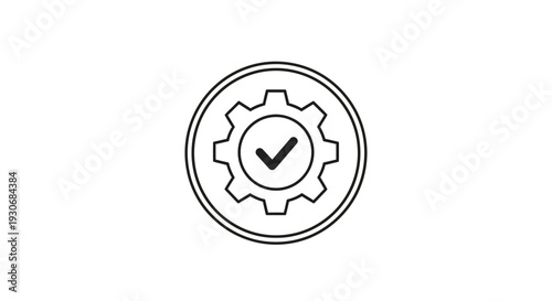 Gear Settings Icon with Checkmark, Quality Control and Approval Concept, isolated white background