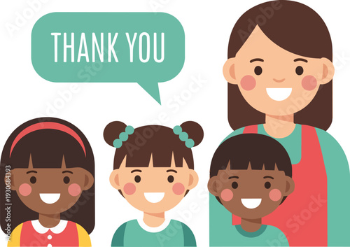 Happy Teacher and Diverse Children Saying Thank You