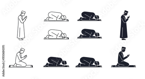 Muslims in prayer positions a series of dark shapes silhouette