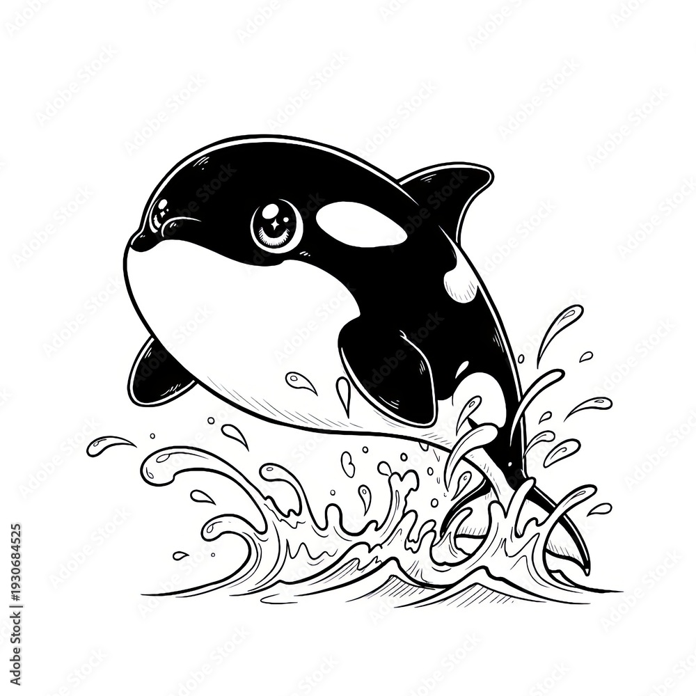 Fototapeta premium Hand drawn ink sketch of Kawaii Anime Orca Killer Whale isolated on white. Chibi stamp.