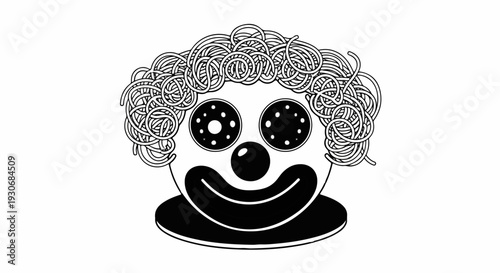 Whimsical illustration of a clown's face with spaghetti for hair