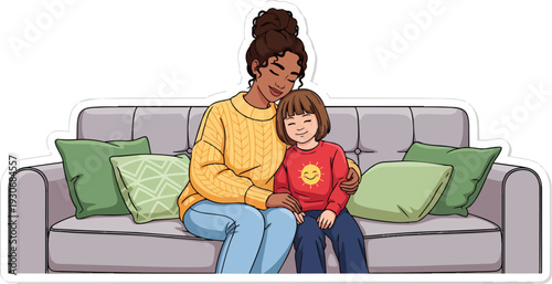 Mother and child cuddling on a couch