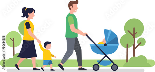 Happy family walking with baby stroller in a park