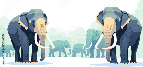 Two large elephants flank a herd of smaller elephants in a misty, green, natural setting