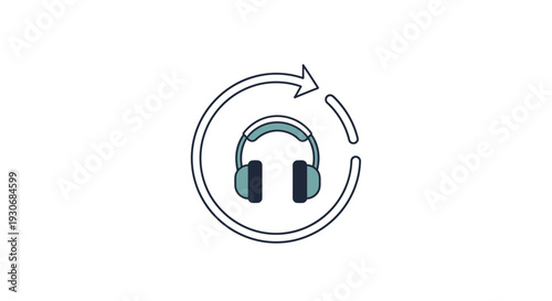 Headphones with a circular arrow icon, symbolizing continuous customer support, audio service, or refresh, on an isolated white background.