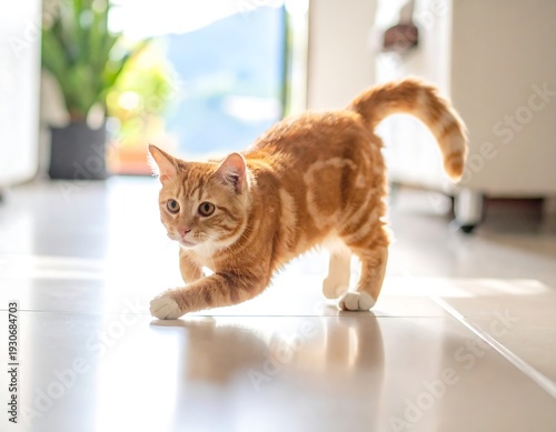 Playful ginger tabby kitten in a bright, sunlit hallway, ready to pounce
