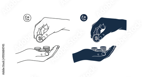 Hands exchanging money with celestial elements a striking silhouette