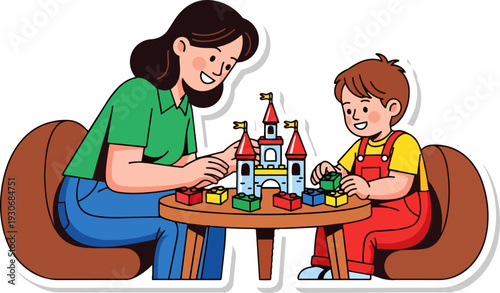 Mother and child playing with building blocks at a table