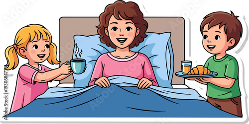Children Surprise Sick Mother with Breakfast in Bed