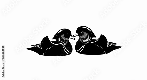 Two stylized ducks facing each other in a black and white illustration